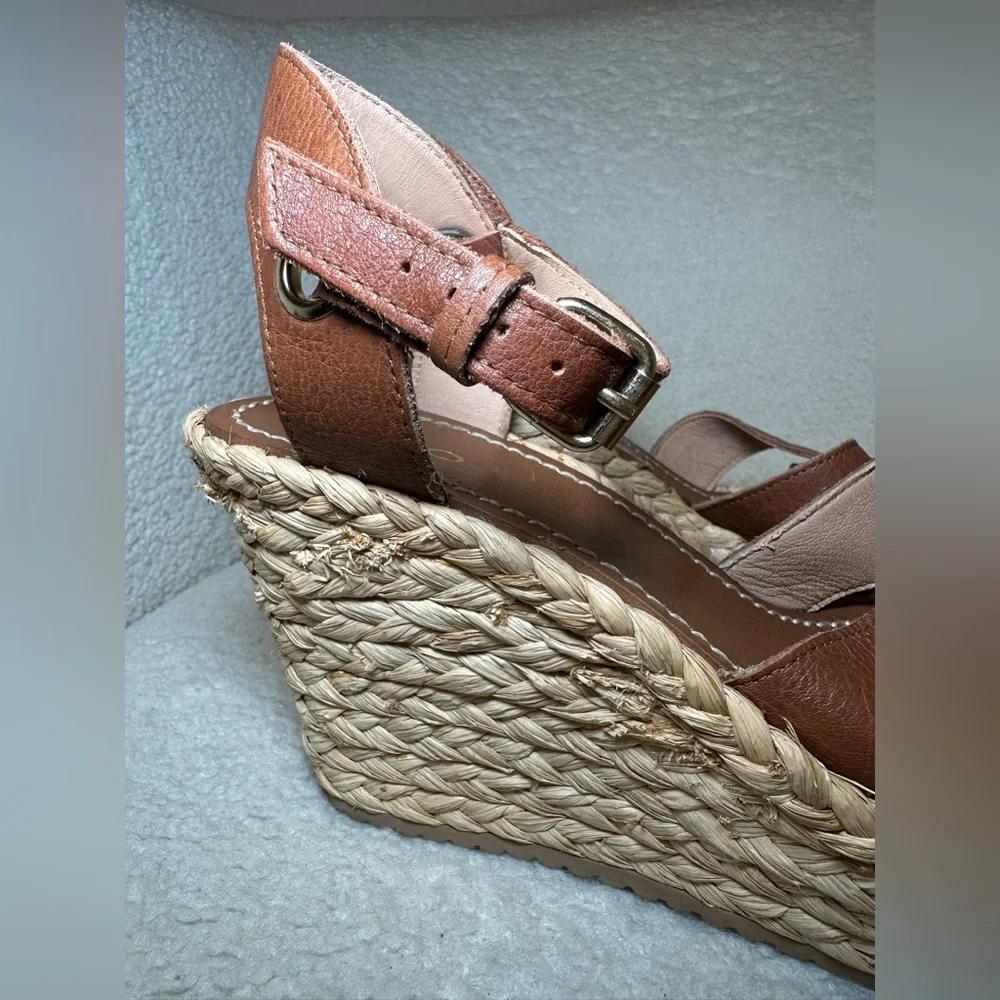ALDO espadrilles platform shoes heels tan brown leather ankle straps summer 8.5‎